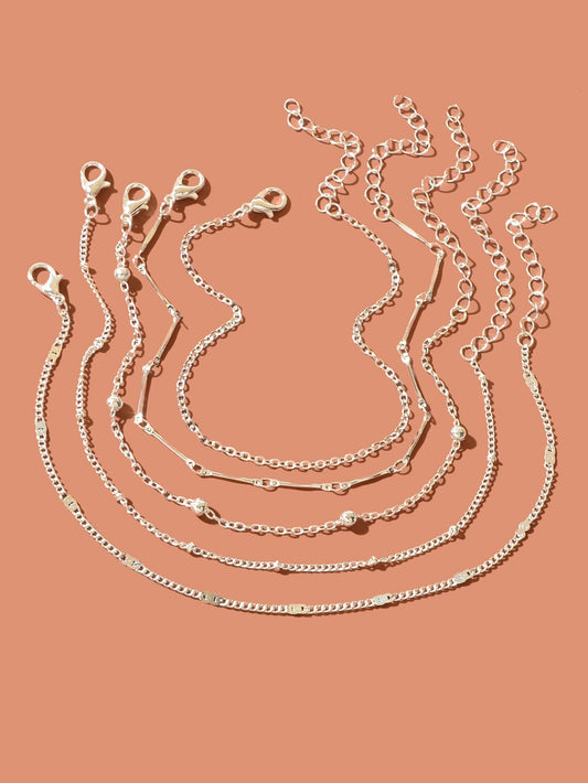 5 pcs Layered Multiple Silver Chain Stackable Anklets Beach Foot Jewellery - UrbanNest Co