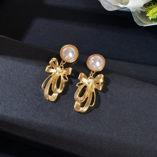 Imitation Pearl Decor Golden Bow Dangle Earrings Party Daily Festival Jewelry Gift - UrbanNest Co