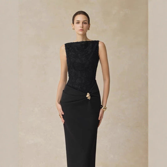 Elegant One - Shoulder Long Sleeve Fitted Dress with Lace Splicing Sleeveless Evening Gown - UrbanNest Co