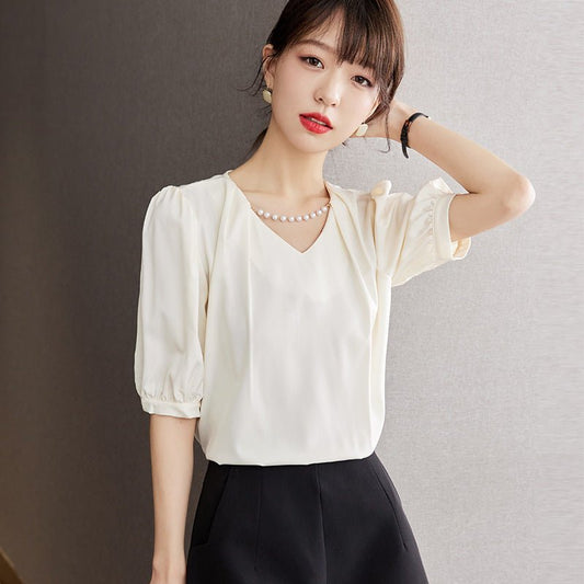 Cream V - neck Puff Sleeve Short Sleeve Blouse Women Loose Shirt Satin Top - UrbanNest Co