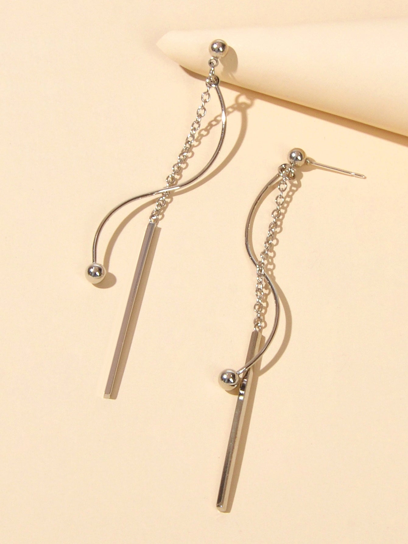 Silver Line Chain Geometric Long Curved Bar Tassel Dangle Earrings Thread Stud - UrbanNest Co