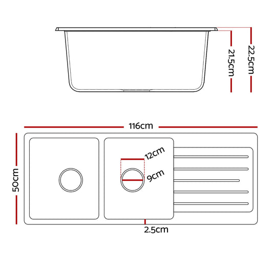 Cefito Kitchen Sink 116x50cm Granite Stone Sink Double Bowl Black - UrbanNest Co