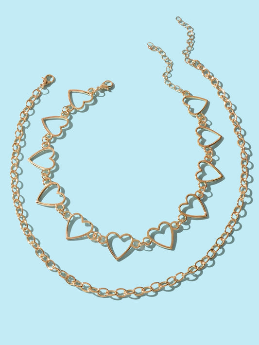 2pcs Gold Hollow out Heart Double layer Chain Clavicle Necklace Trendy Jewellery - UrbanNest Co