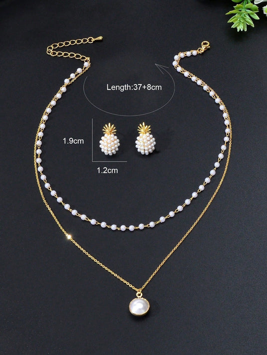 Pearl Pendant Double Layer Necklace & Pineapple Pearl Earrings Jewellery Set - UrbanNest Co