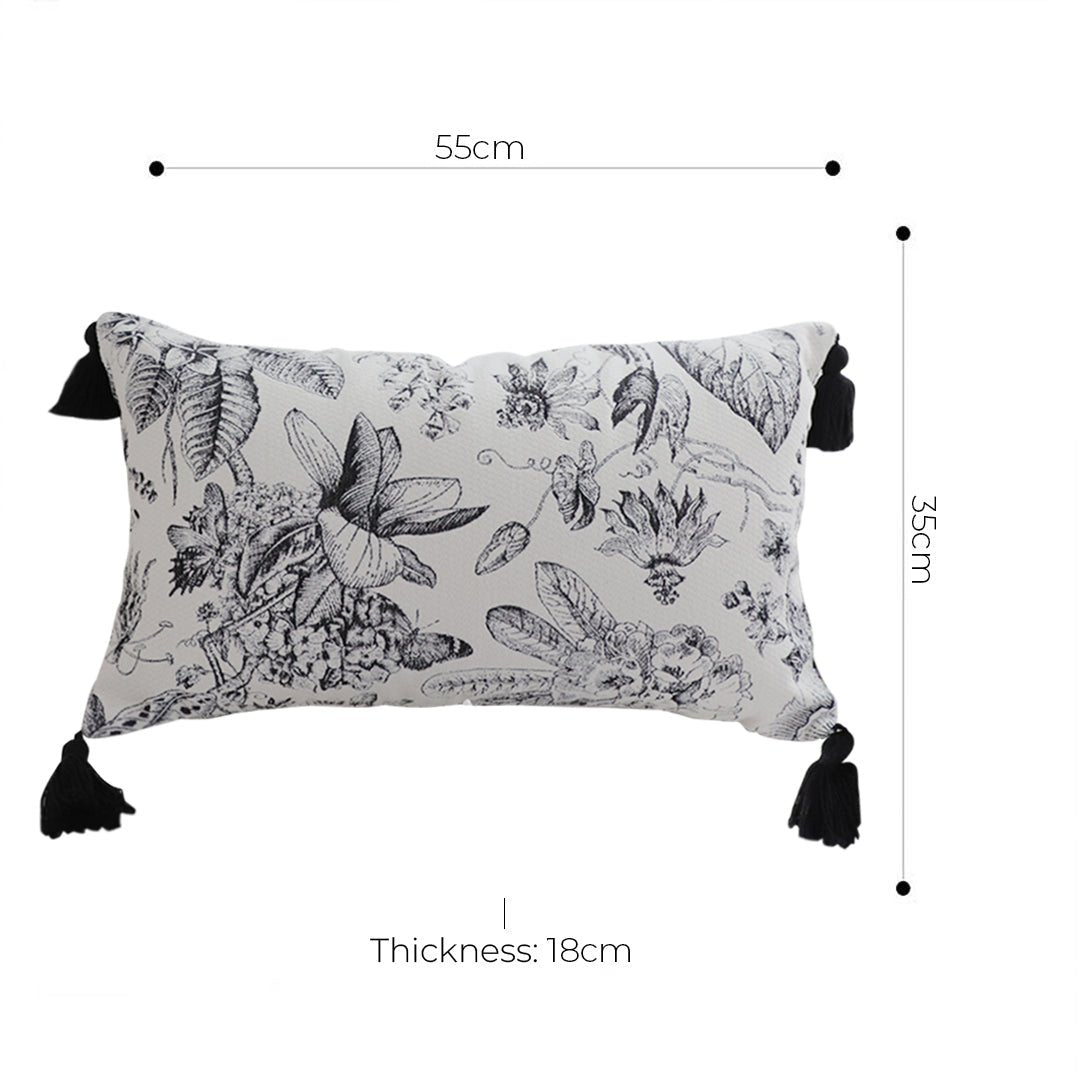 SOGA 2X 35cm Throw Pillow Black and White Floral Print Elegant with Tassel Accents Home Decor - UrbanNest Co