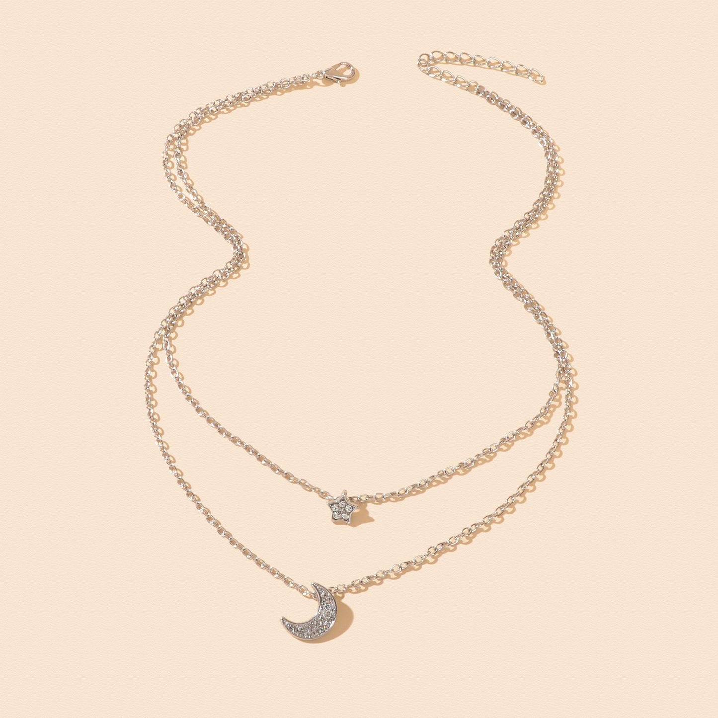 Dainty Silvery Layered Chain Rhinestone Decor Moon Star Pendant Necklace Women Daily Dating Birthday Gift Jewelry - UrbanNest Co