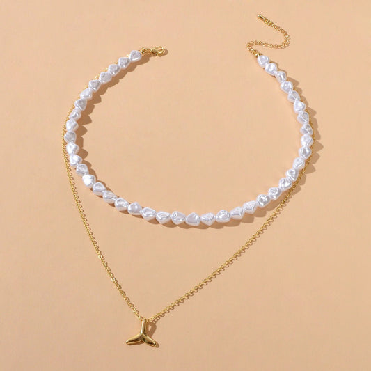 Textured Accessories Double layer Chain Pearl Choker Fish Tail Pendant Necklace - UrbanNest Co