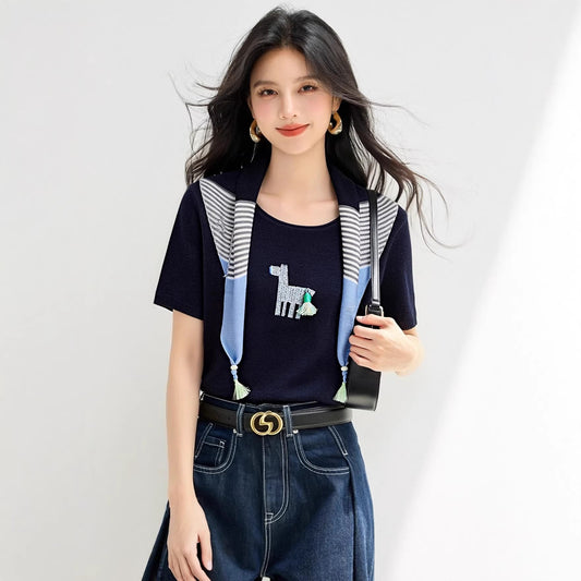 Round Neck Color - blocked Two - piece Short Sleeve Knit Top for Women, Fashionable Fitted Versatile Upperwear - UrbanNest Co