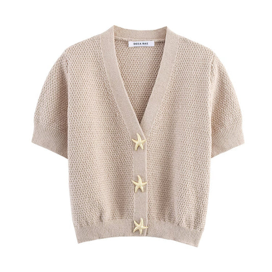 Star button structure knitted short sleeved top