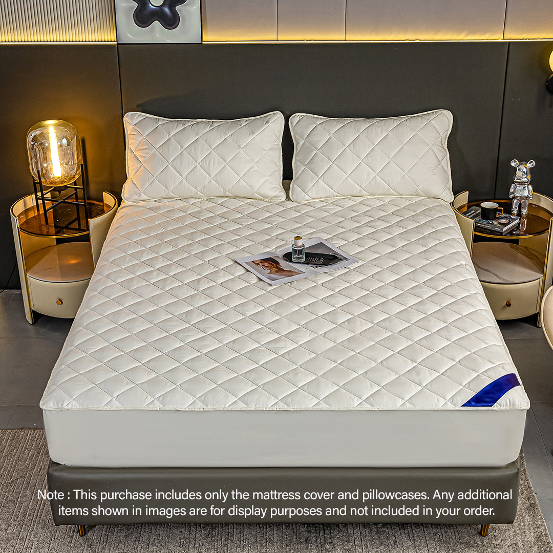 SOGA 2X White 138cm Wide Cross-Hatch Mattress Cover Thick Quilted Stretchable Bed Spread Sheet Protector with Pillow Covers-1