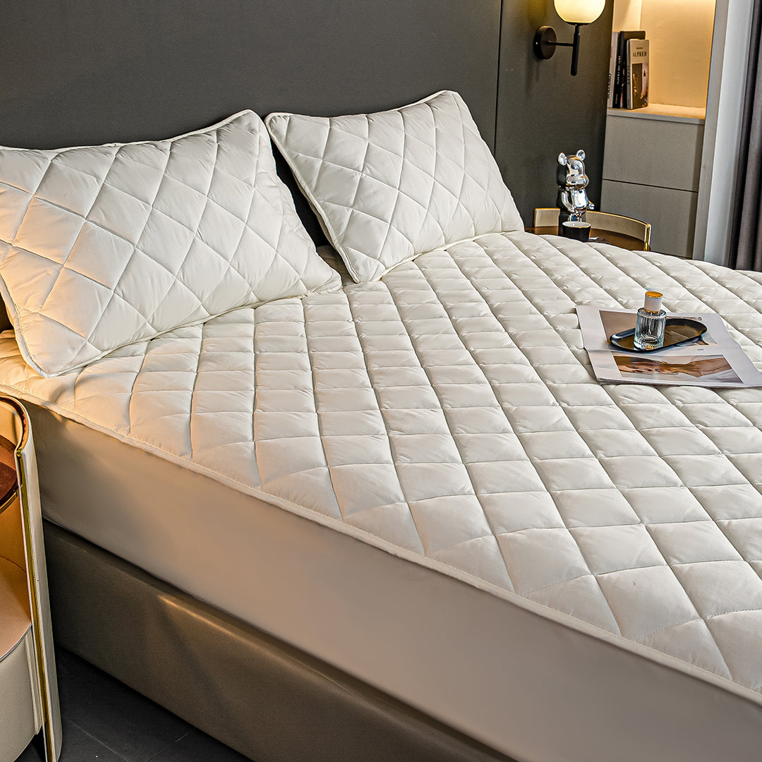 SOGA 2X White 138cm Wide Cross-Hatch Mattress Cover Thick Quilted Stretchable Bed Spread Sheet Protector with Pillow Covers-2