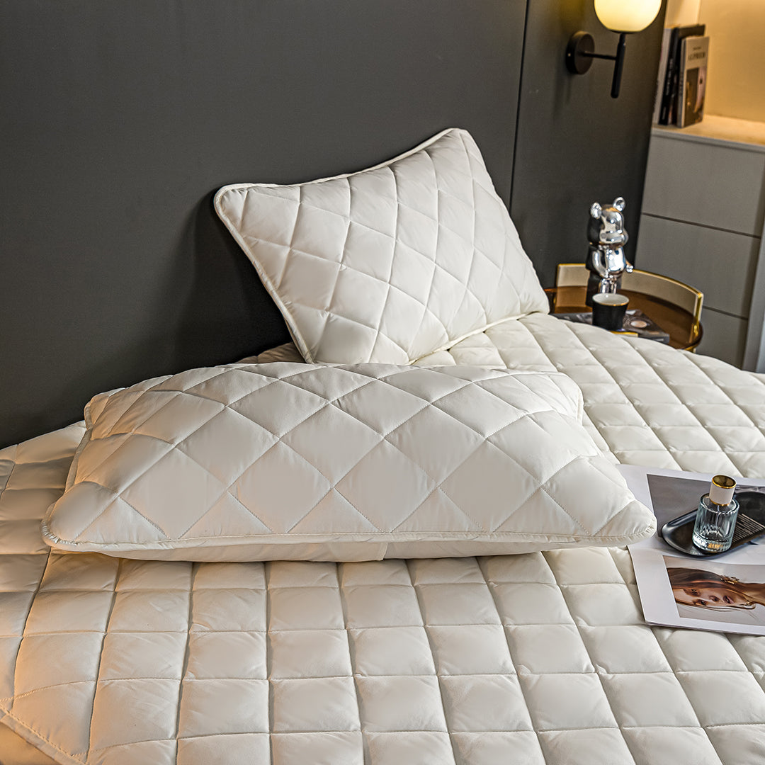 SOGA 2X White 138cm Wide Cross-Hatch Mattress Cover Thick Quilted Stretchable Bed Spread Sheet Protector with Pillow Covers-4