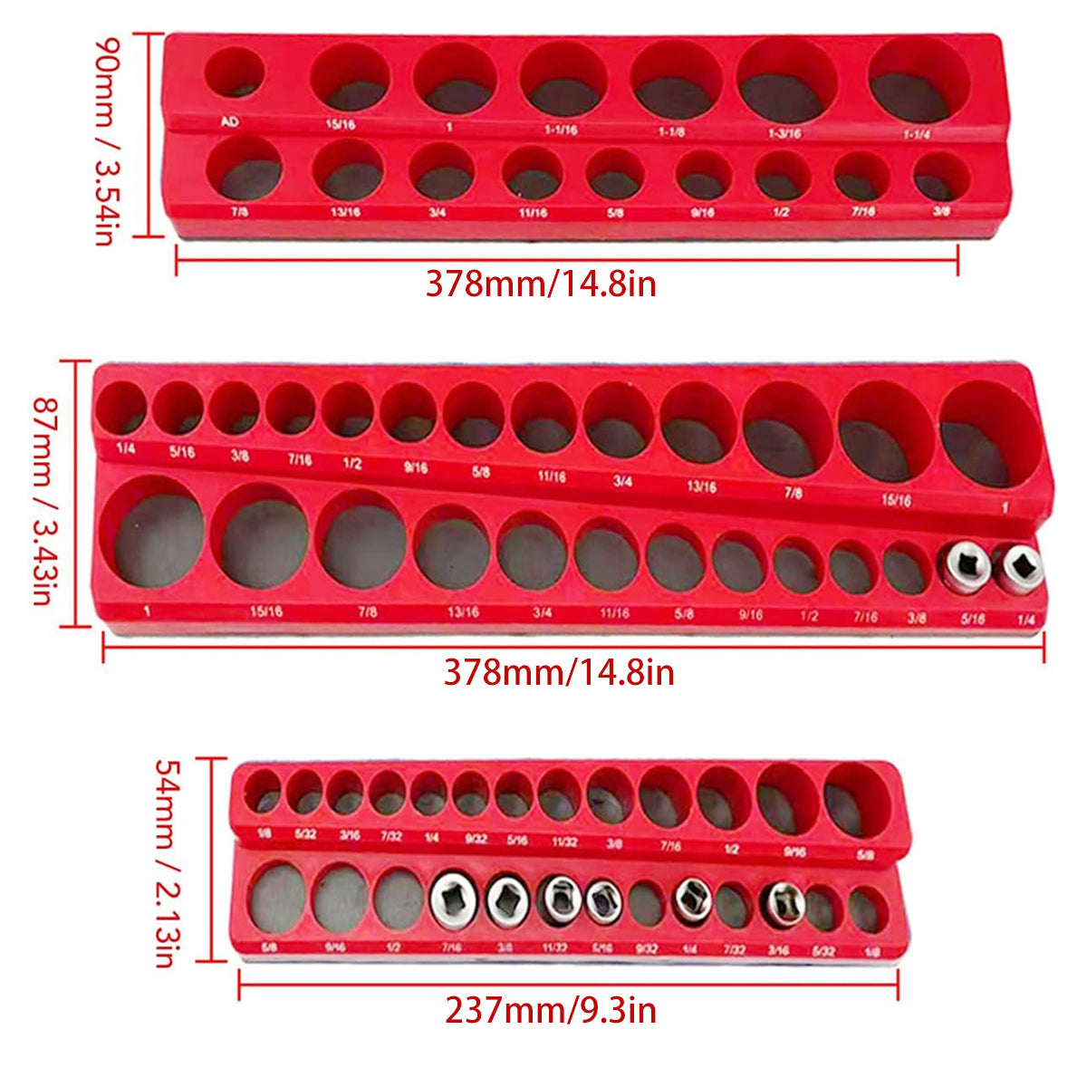 3PCS Socket Organiser Set with Strong Built-in Grip 1/4 3/8 1/2 Drive Tool Holders Wall Mountable
