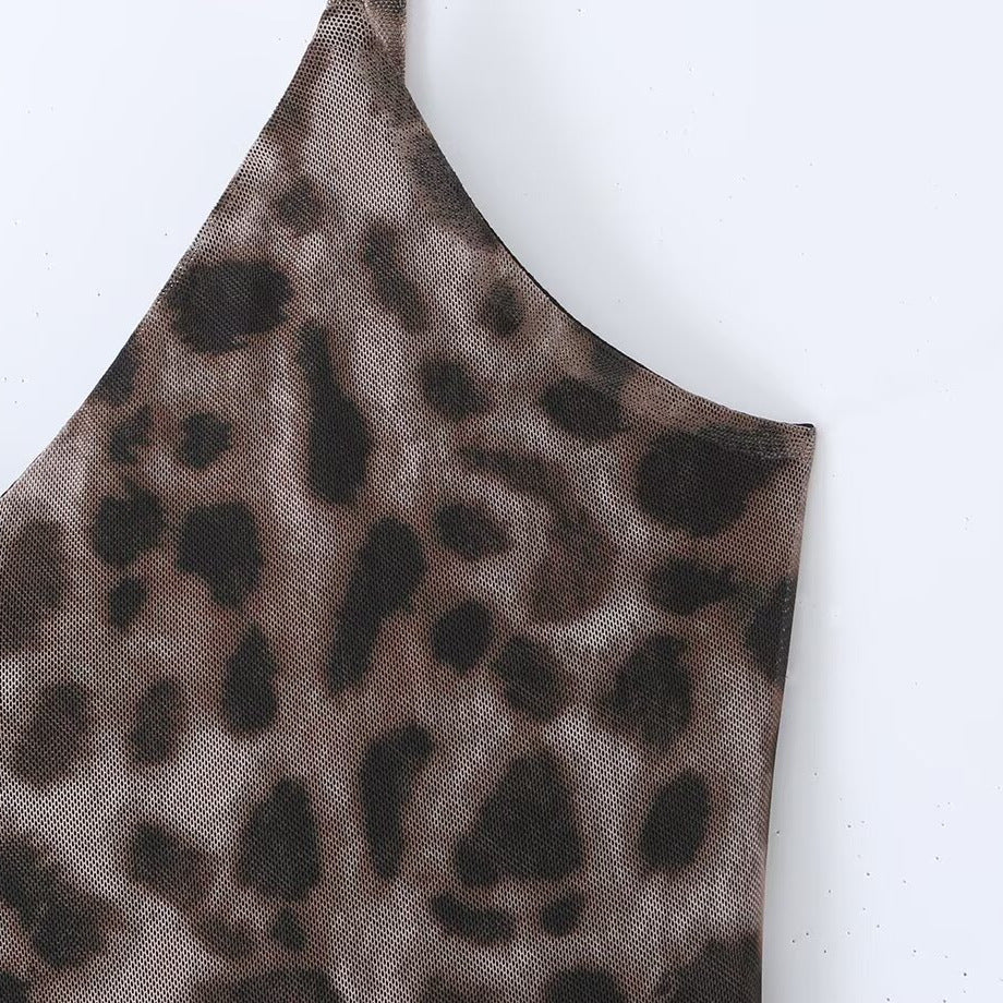 Spicy leopard print elastic mesh sleeveless suspender dress