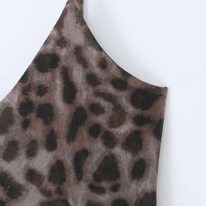 Spicy leopard print elastic mesh sleeveless suspender dress