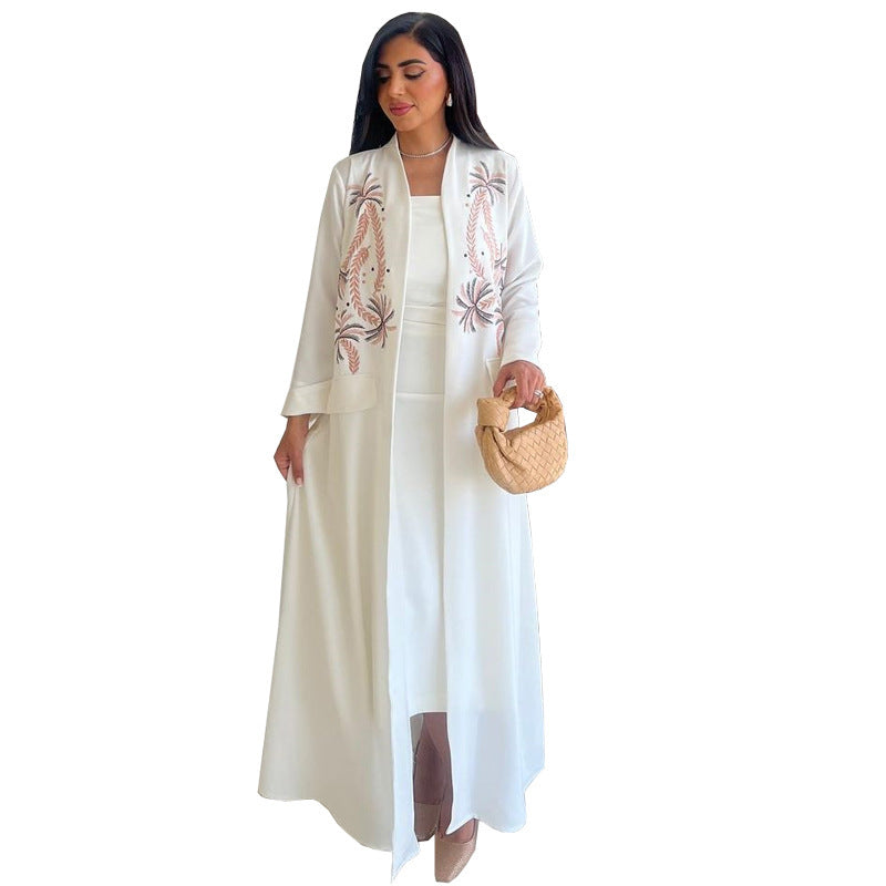 White coconut tree embroidered long cardigan