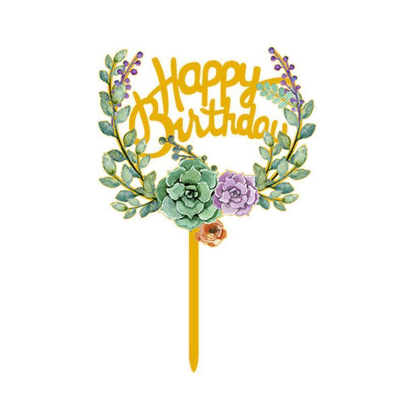 Happy Birthday Anniversary Wedding Cake Flowers Topper Acrylic Party Decorations