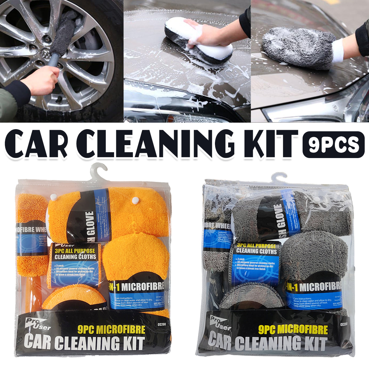 9PCS Car Cleaning Kit Microfiber Towel Wax Sponge Wheel Brush Gloves Set Use-0