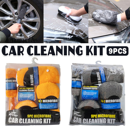 9PCS Car Cleaning Kit Microfiber Towel Wax Sponge Wheel Brush Gloves Set Use-0