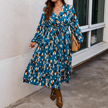 Elegant V-Neck Printed Long Sleeve Dress for Women