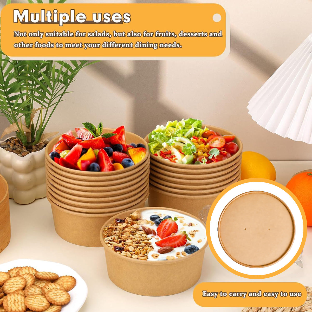 50PCS Disposable Round Paper Bowls 750ml Food-safe with Lid Takeout Soup Salad-3