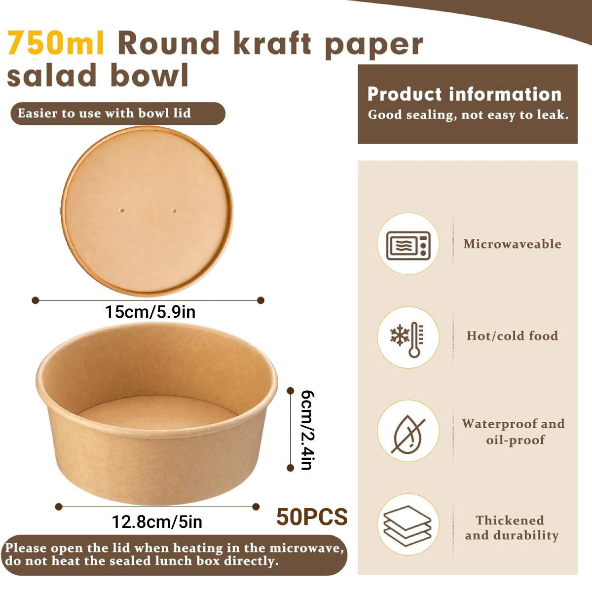 50PCS Disposable Round Paper Bowls 750ml Food-safe with Lid Takeout Soup Salad-2