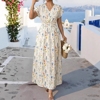 V-neck  printed dress, new women's fashion vacation style fitted plus-size dress