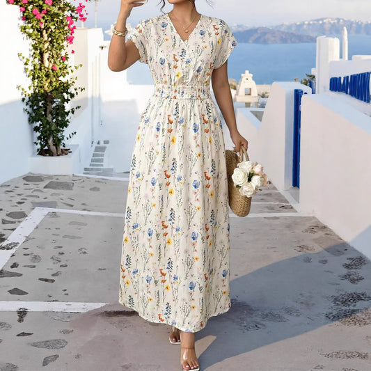 V-neck  printed dress, new women's fashion vacation style fitted plus-size dress
