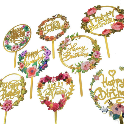 Happy Birthday Anniversary Wedding Cake Flowers Topper Acrylic Party Decorations