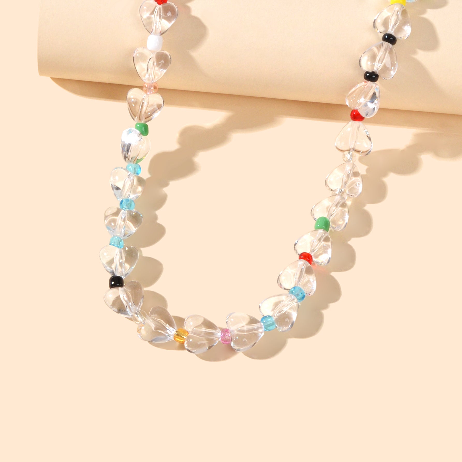 Women Birthday Gift Handmade Heart Resin Transparent Beads Short Collar Necklace-3