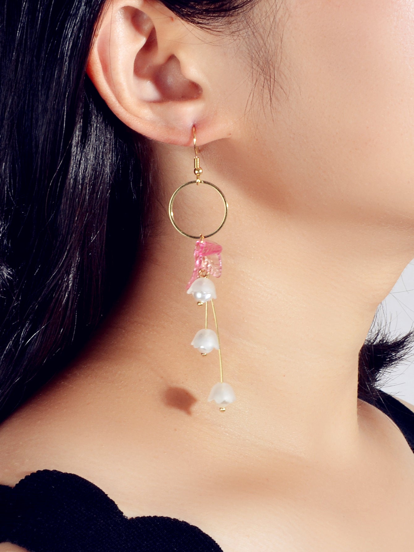 Charming Pearl Green Hotpink Resin Leaf Charm Gold Circle Dangle Women Earrings-4