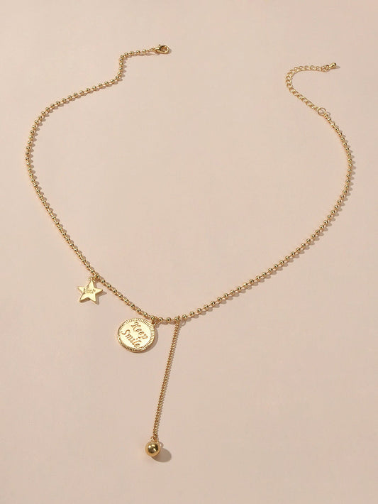 Dainty Party Jewellery Gold Popcorn Chain Luck Letter Star Round Charm Necklace-0