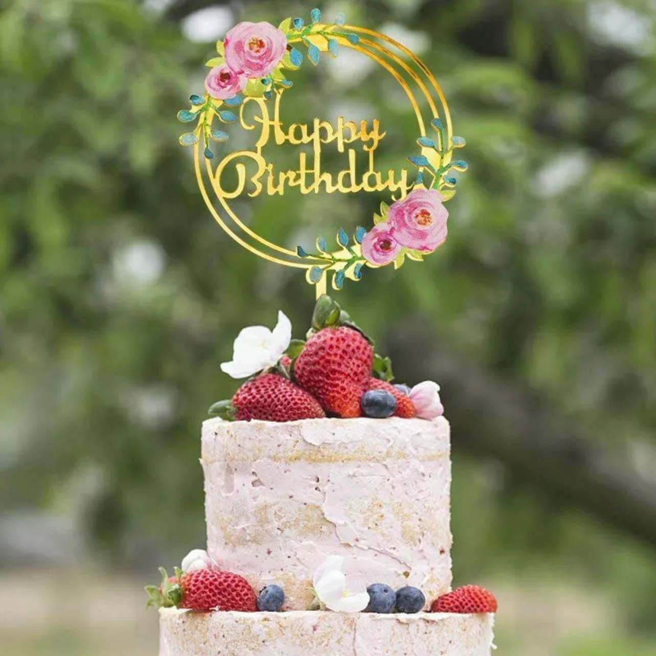Happy Birthday Anniversary Wedding Cake Flowers Topper Acrylic Party Decorations