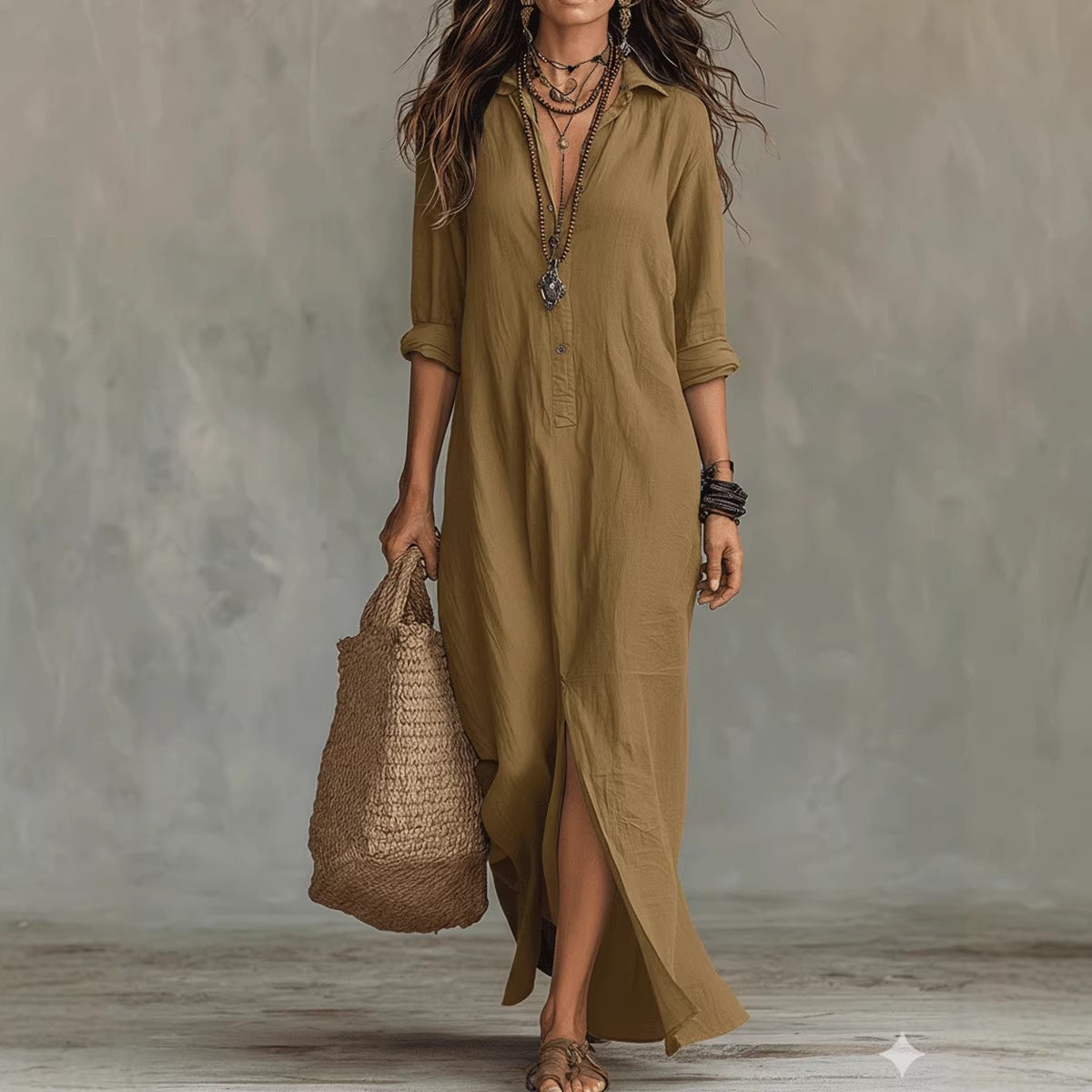 Summer Casual Solid Color Turn-Down Collar Front Slit Long Dress
