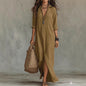 Summer Casual Solid Color Turn-Down Collar Front Slit Long Dress