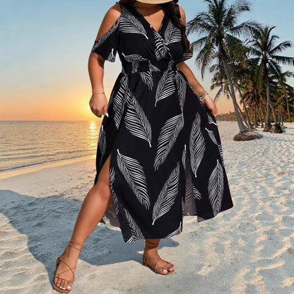 Printed resort-style bohemian plus-size sexy slit dress for women