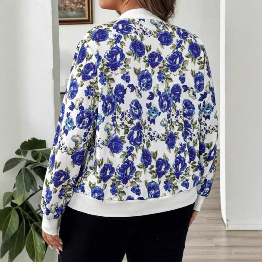Abstract Print Zipper Floral Long Sleeve Short Casual Jacket for Women