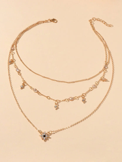 Awesome Teens Jewellery Gift Gold Layered Chain Rhinestone Flower Charm Necklace-1