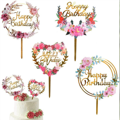 Happy Birthday Anniversary Wedding Cake Flowers Topper Acrylic Party Decorations