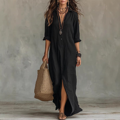 Summer Casual Solid Color Turn-Down Collar Front Slit Long Dress