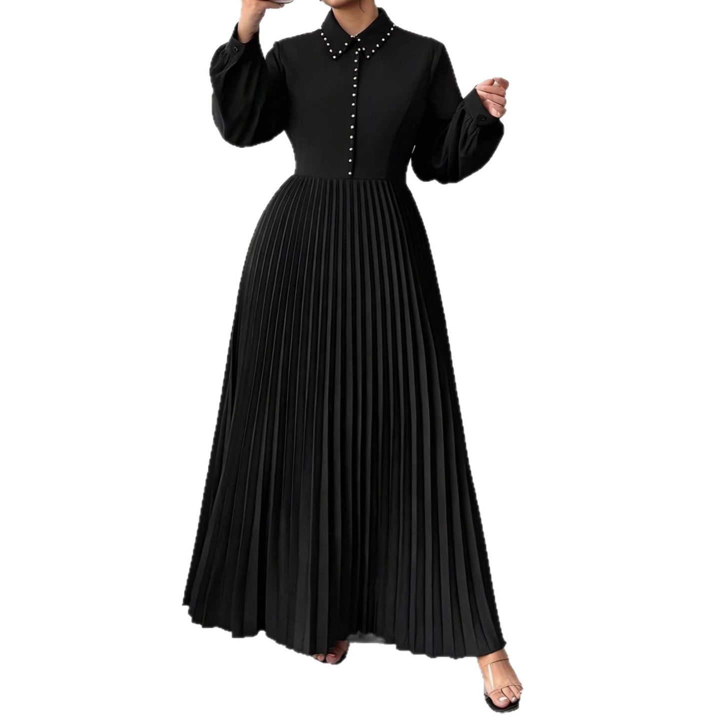 High-Waisted Pleated Long Sleeve Dress for Women Plus