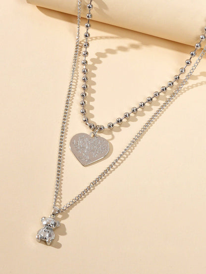 Statement Jewellery Popcorn Double layer Silver Chain Heart Bear Charm Necklace-2
