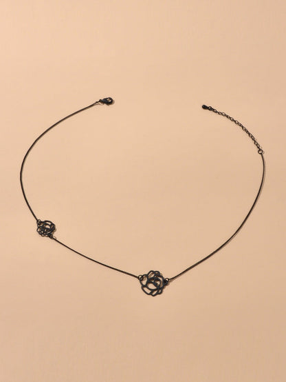 Retro Black Gold Chain Flower Collar Necklace Women Short Choker Accessories-2