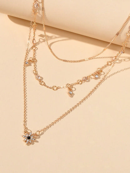 Awesome Teens Jewellery Gift Gold Layered Chain Rhinestone Flower Charm Necklace-2
