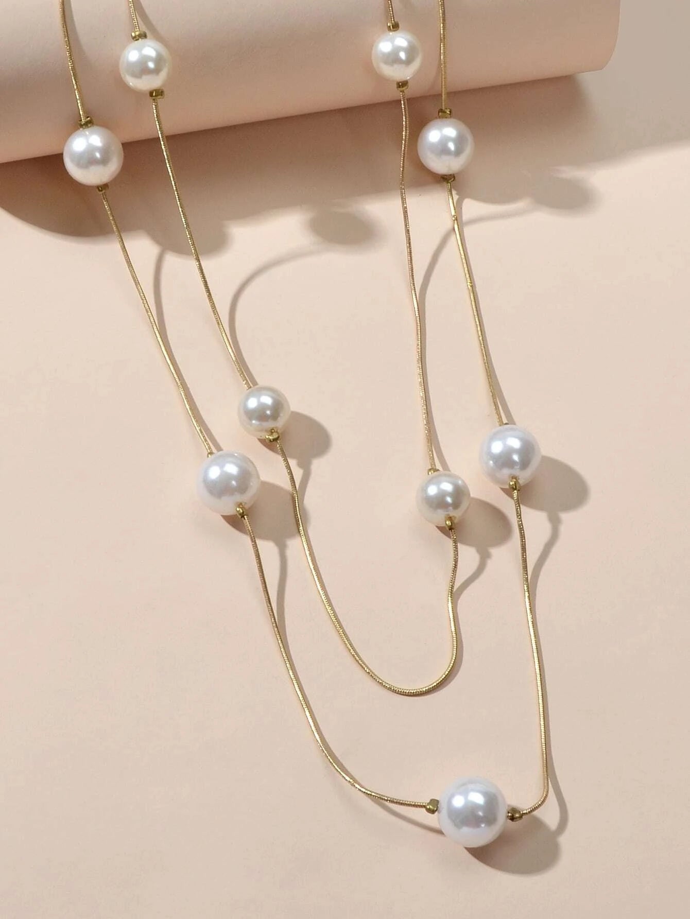Double Layer Pearl Decor Gold Silver Chain Long Necklace Fashion Accessories-2