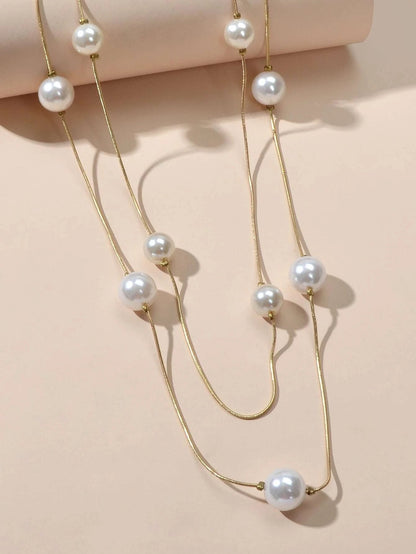 Double Layer Pearl Decor Gold Silver Chain Long Necklace Fashion Accessories-2