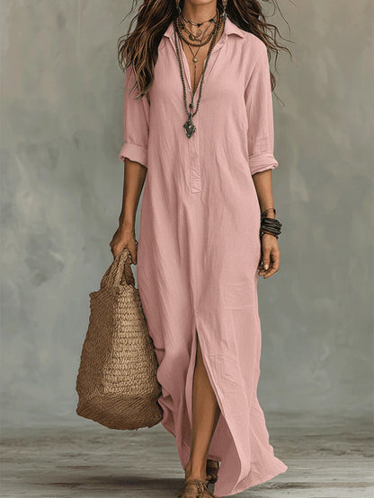 Summer Casual Solid Color Turn-Down Collar Front Slit Long Dress