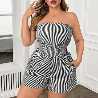 New  Women's Sexy Striped Crop Top and Shorts Two-piece Set