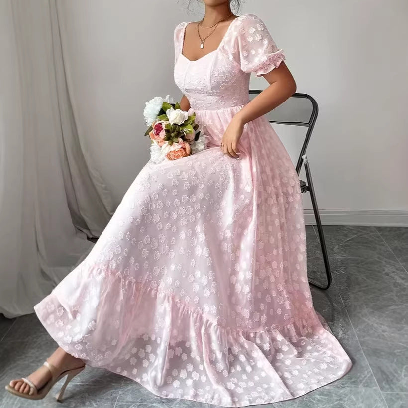 Square Neck Pink Embroidered Dress for Women, High-Waisted Slim Fit Plus Size Dress