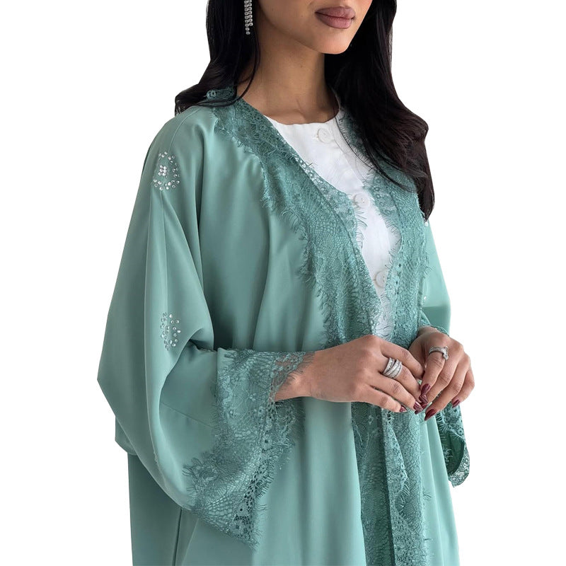 Lace Patchwork Long Coat Modest Outerwear Fashion Kaftan Trendy Dress